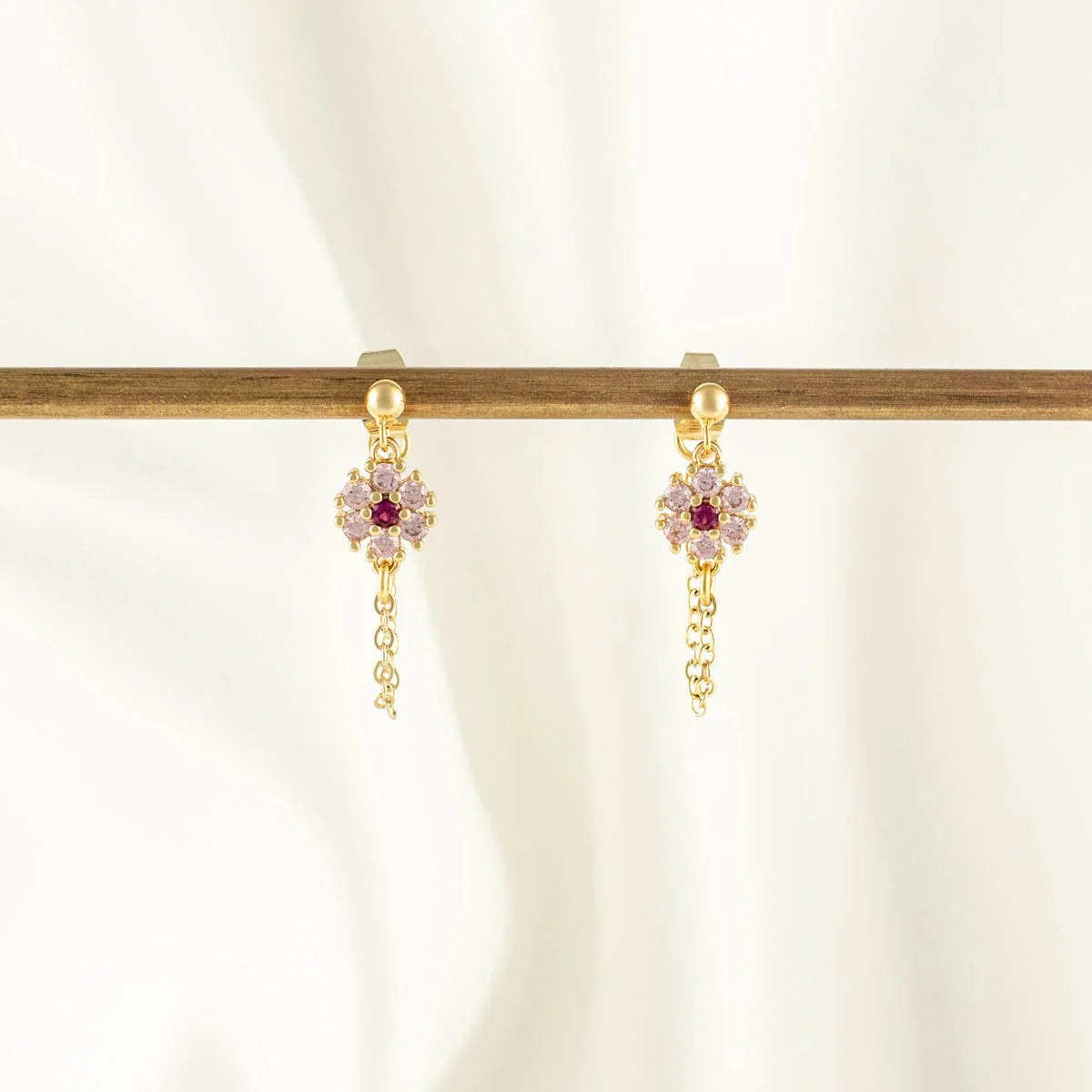 Myra Pink Zircon Flower Stud Chain Earrings