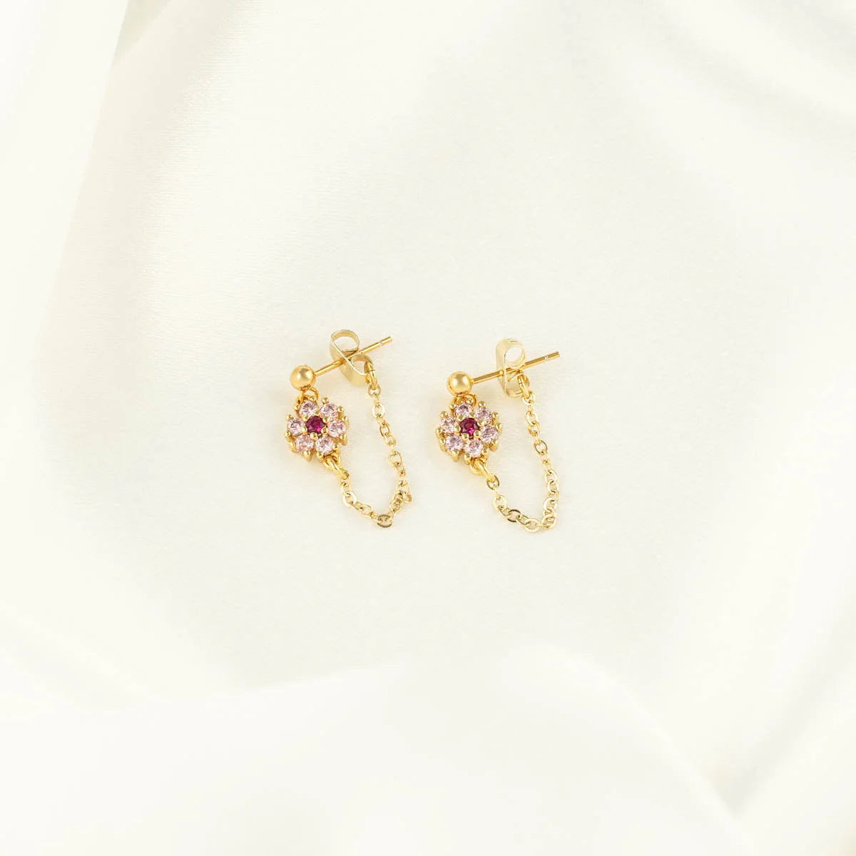 Myra Pink Zircon Flower Stud Chain Earrings