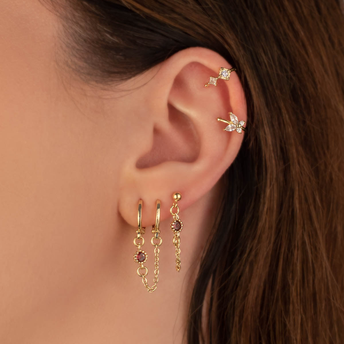 Jolie Red Zircon Huggie Chain Earring