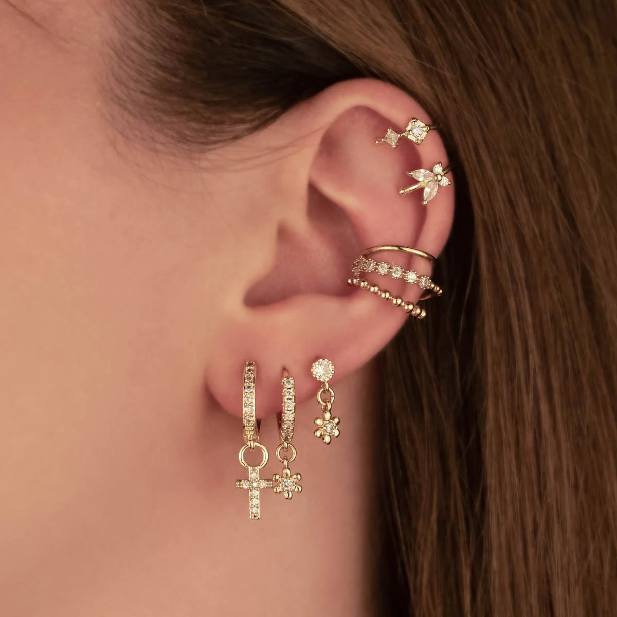 Essa White Zircon Cross Embellished Huggie Earrings