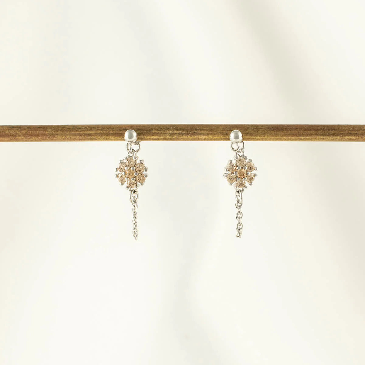 Olive Topez Zircon Flower Stud Chain Earrings