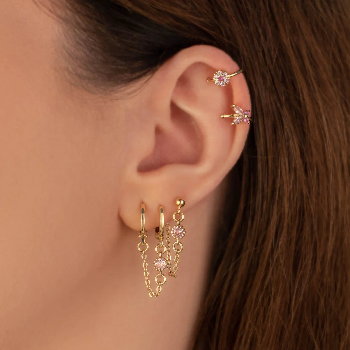 Evan Pink Zircon Stud Chain Earrings