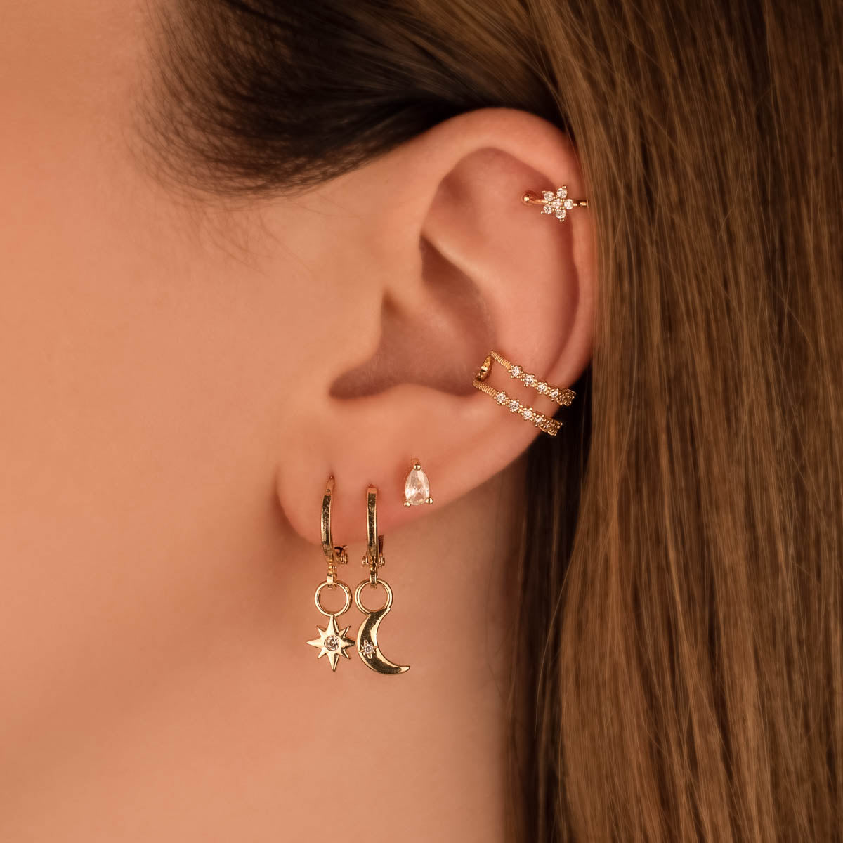 Celeste White Zircon Moon and Star Huggie Earrings